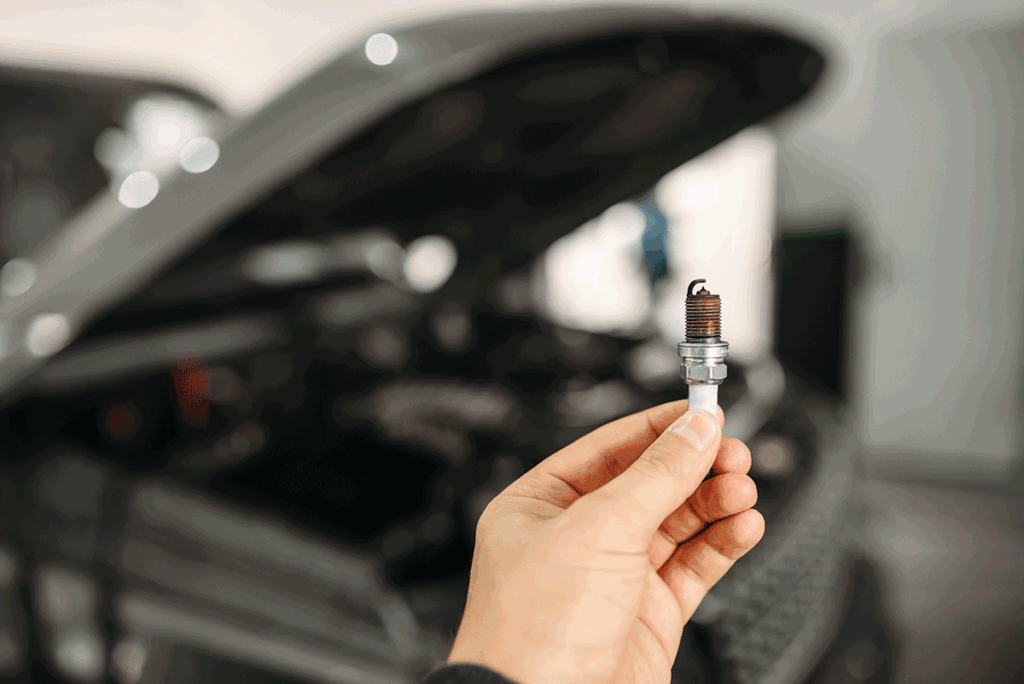 Mechanic shows spark plugs of the vehicle (1)